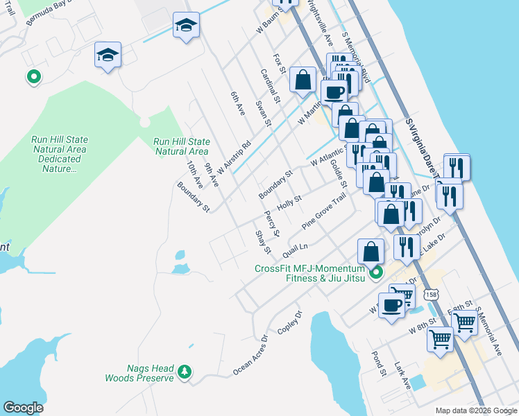 map of restaurants, bars, coffee shops, grocery stores, and more near 1308 Percy Street in Kill Devil Hills