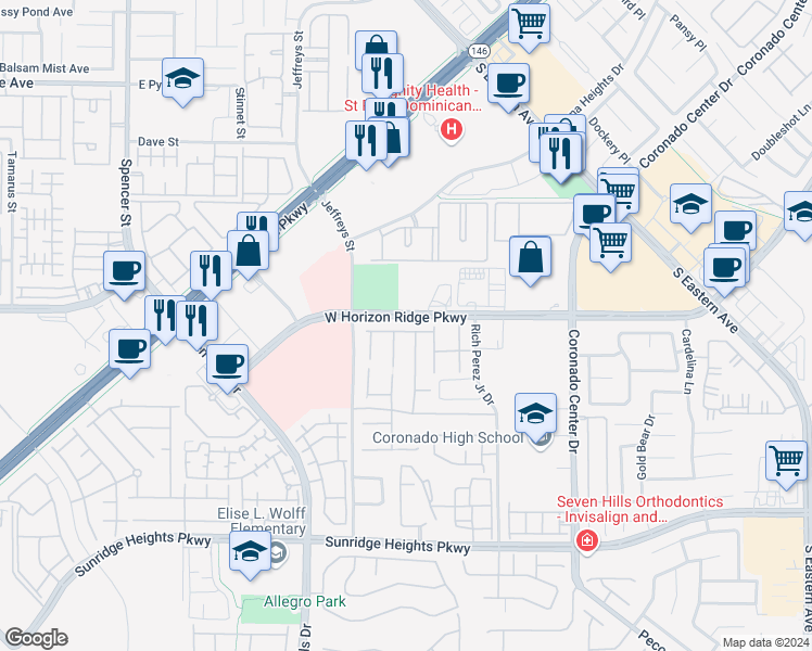 map of restaurants, bars, coffee shops, grocery stores, and more near 2956 Valley Basin Avenue in Henderson