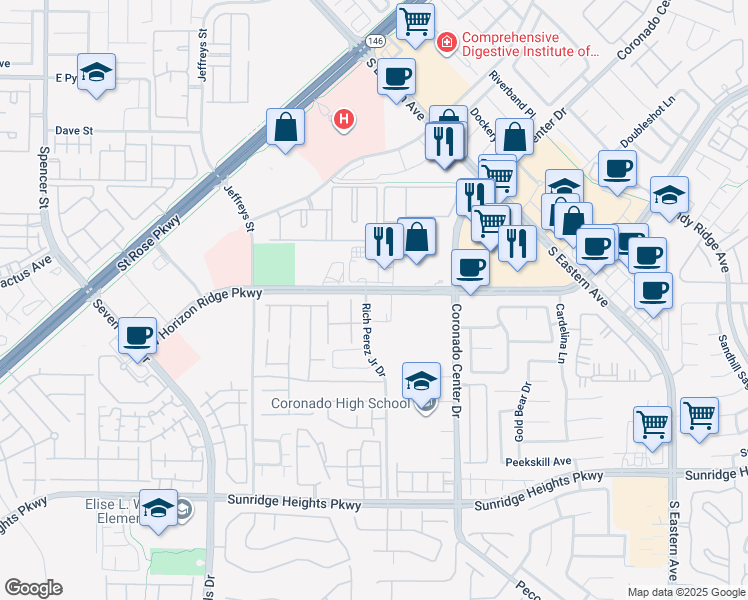 map of restaurants, bars, coffee shops, grocery stores, and more near 2895 West Horizon Ridge Parkway in Henderson