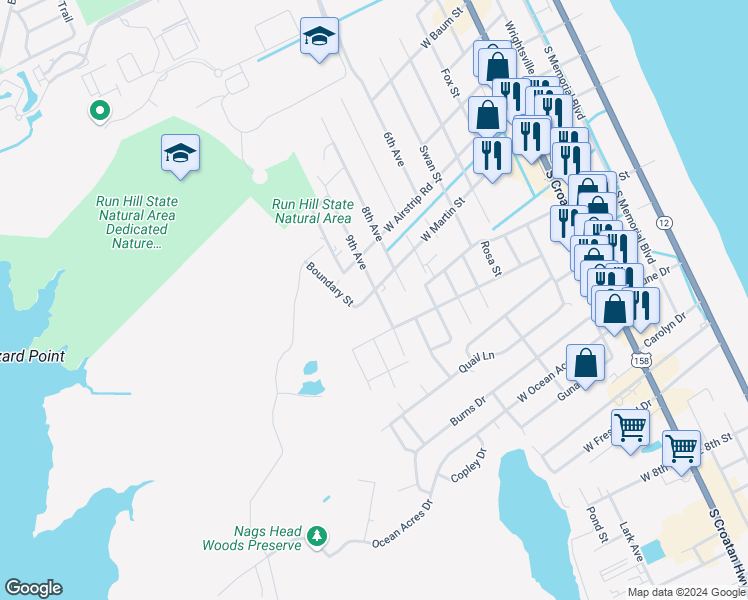 map of restaurants, bars, coffee shops, grocery stores, and more near 901 West Martin Street in Kill Devil Hills