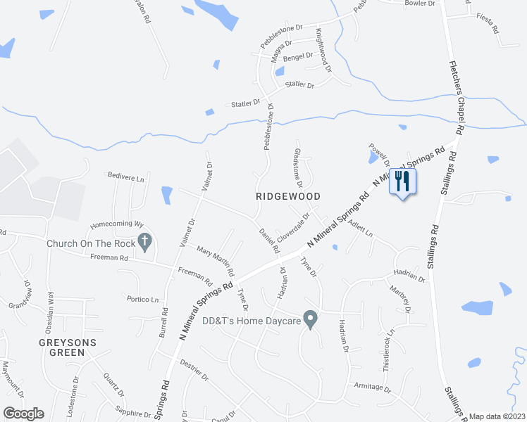 map of restaurants, bars, coffee shops, grocery stores, and more near 108 Pebblestone Drive in Durham