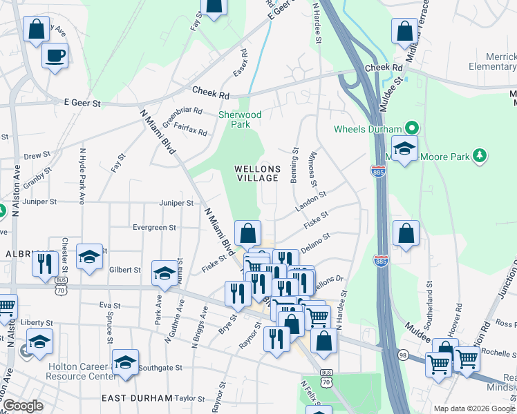map of restaurants, bars, coffee shops, grocery stores, and more near 1109 Fidelity Drive in Durham