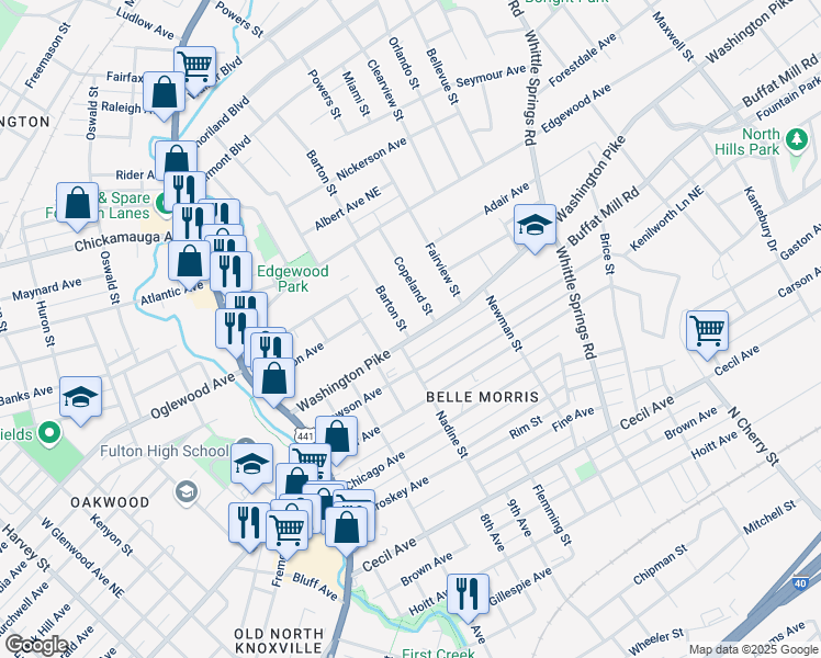 map of restaurants, bars, coffee shops, grocery stores, and more near 1901 Washington Pike in Knoxville