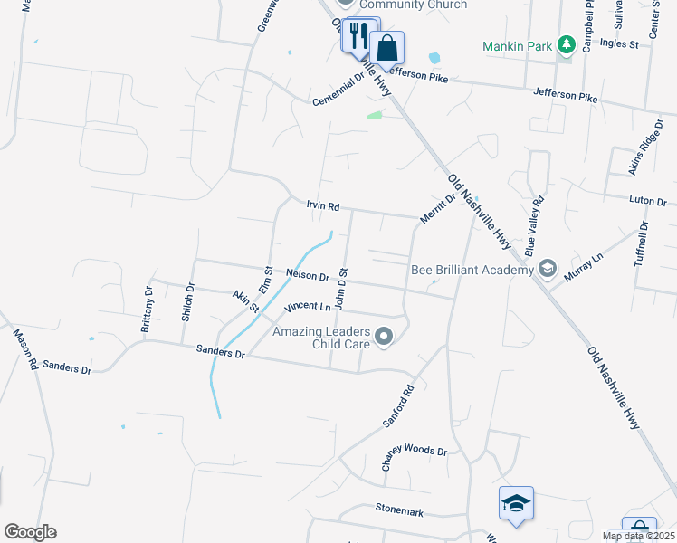 map of restaurants, bars, coffee shops, grocery stores, and more near 174 Nelson Drive in La Vergne