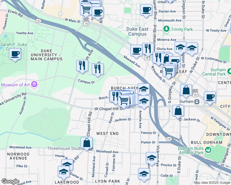 map of restaurants, bars, coffee shops, grocery stores, and more near 514 Gattis Street in Durham