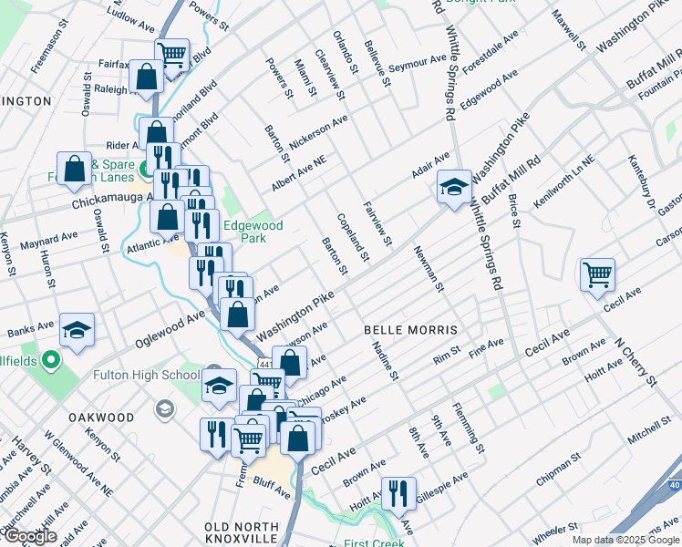 map of restaurants, bars, coffee shops, grocery stores, and more near 2609 Barton Street in Knoxville