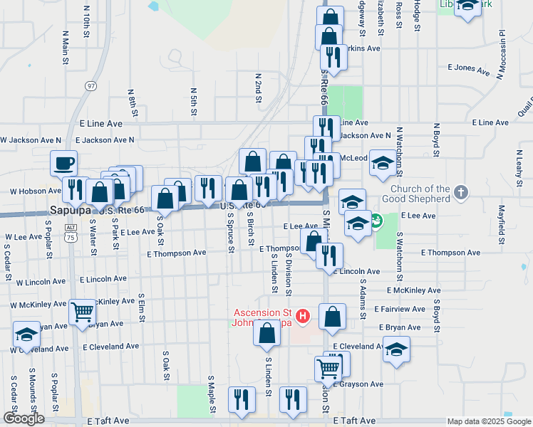 map of restaurants, bars, coffee shops, grocery stores, and more near 10 South Linden Street in Sapulpa