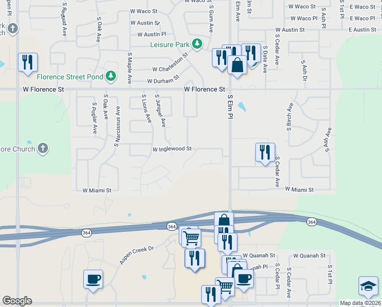 map of restaurants, bars, coffee shops, grocery stores, and more near 5304 South Hickory Avenue in Broken Arrow
