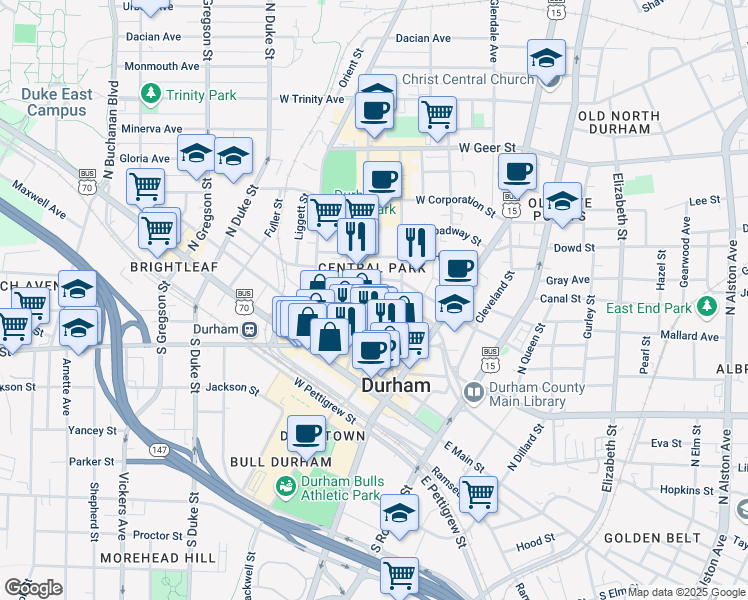 map of restaurants, bars, coffee shops, grocery stores, and more near 218 Foster Street in Durham