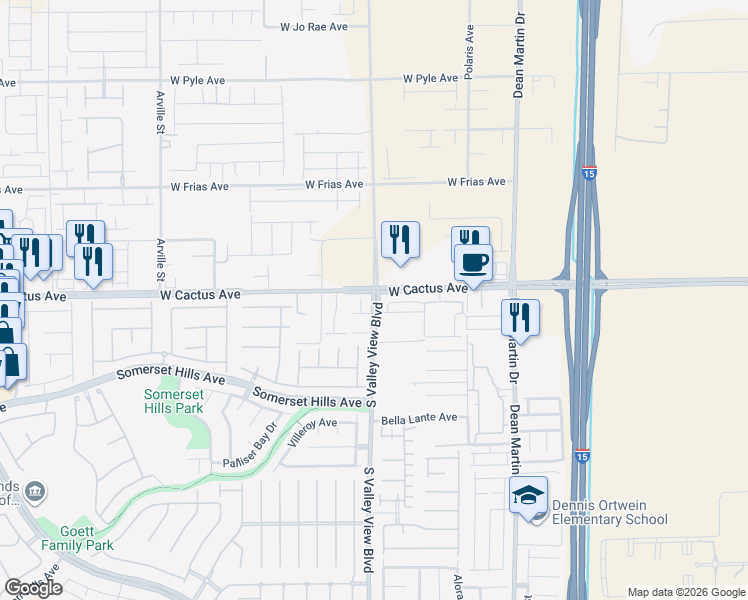 map of restaurants, bars, coffee shops, grocery stores, and more near South Valley View Boulevard in Las Vegas