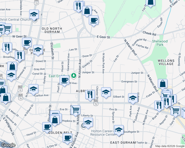 map of restaurants, bars, coffee shops, grocery stores, and more near 1012 Juniper Street in Durham