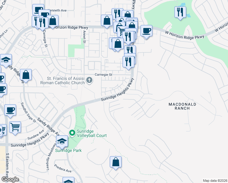 map of restaurants, bars, coffee shops, grocery stores, and more near 801 Langham Court in Henderson