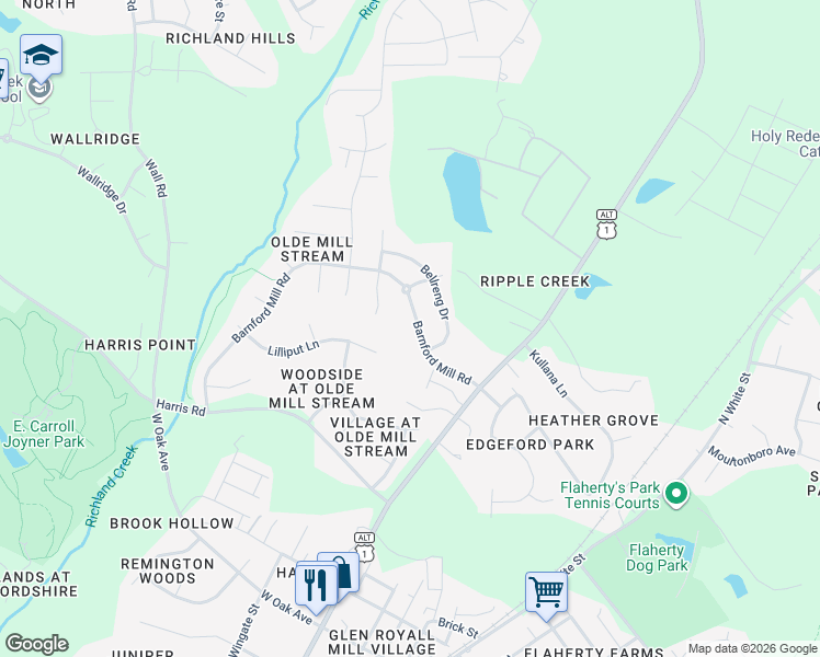 map of restaurants, bars, coffee shops, grocery stores, and more near 404 Ferry Court in Wake Forest