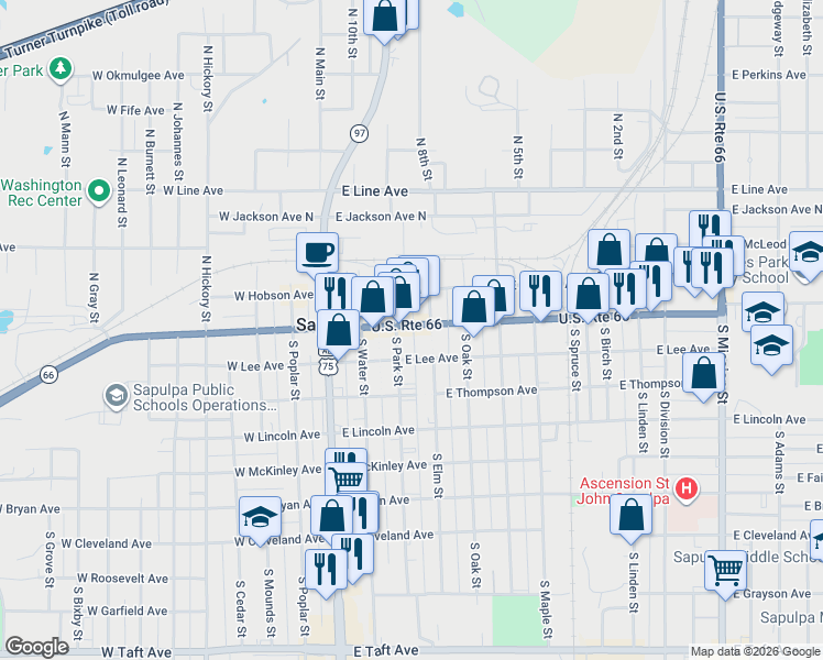 map of restaurants, bars, coffee shops, grocery stores, and more near 208 East Dewey Avenue in Sapulpa