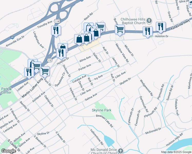 map of restaurants, bars, coffee shops, grocery stores, and more near 4019 Ivy Avenue in Knoxville