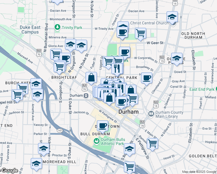 map of restaurants, bars, coffee shops, grocery stores, and more near 320 West Morgan Street in Durham