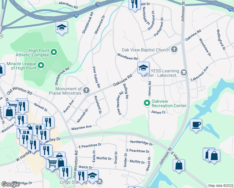 map of restaurants, bars, coffee shops, grocery stores, and more near 3225 Pine Needles Road in High Point