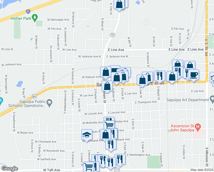 map of restaurants, bars, coffee shops, grocery stores, and more near 1 South Main Street in Sapulpa