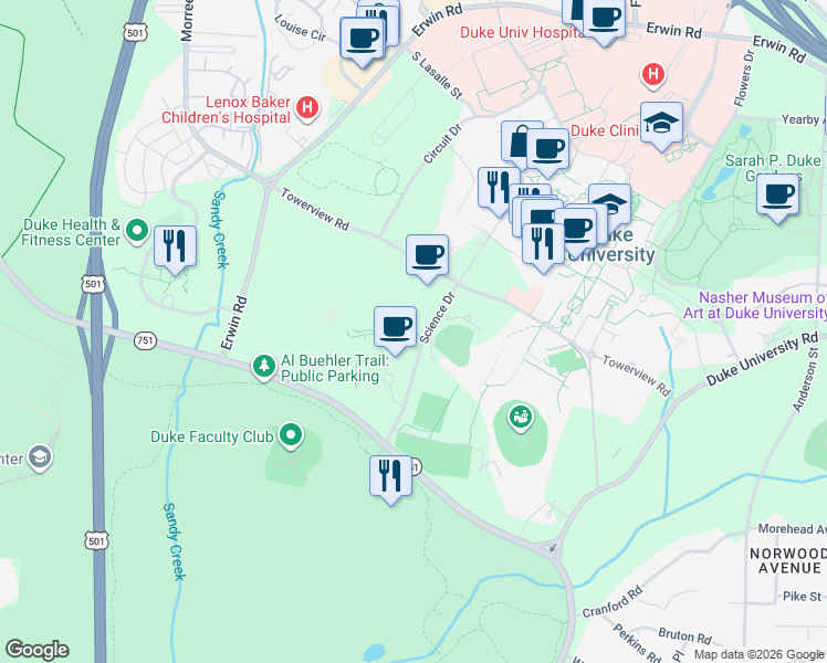 map of restaurants, bars, coffee shops, grocery stores, and more near 100 Fuqua Drive in Durham