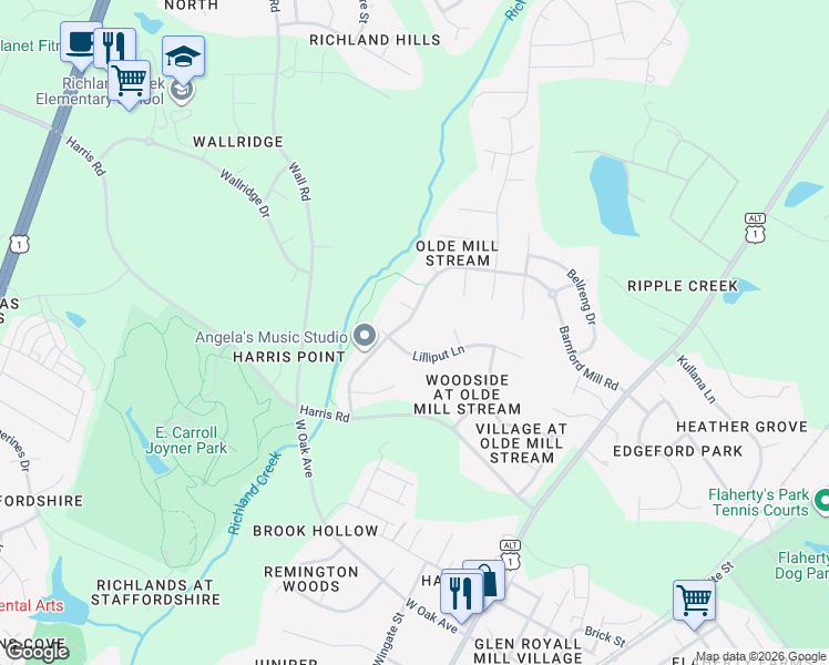 map of restaurants, bars, coffee shops, grocery stores, and more near 1010 Barnford Mill Road in Wake Forest