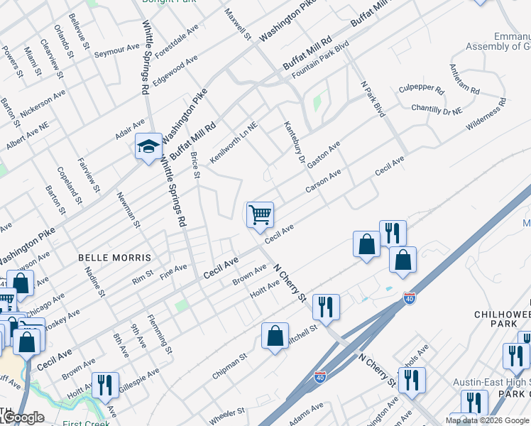 map of restaurants, bars, coffee shops, grocery stores, and more near 2615 Carson Avenue in Knoxville