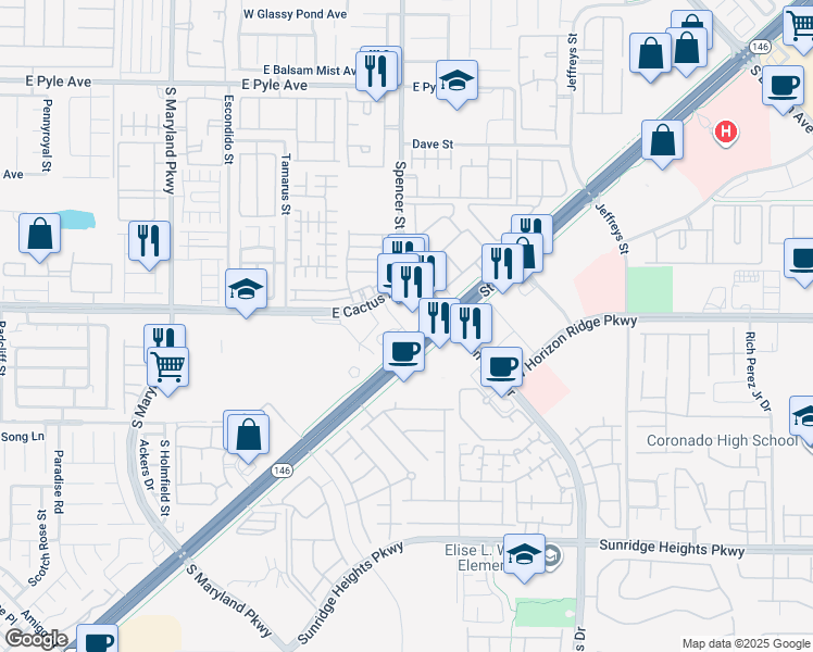 map of restaurants, bars, coffee shops, grocery stores, and more near 10465 Spencer Street in Henderson