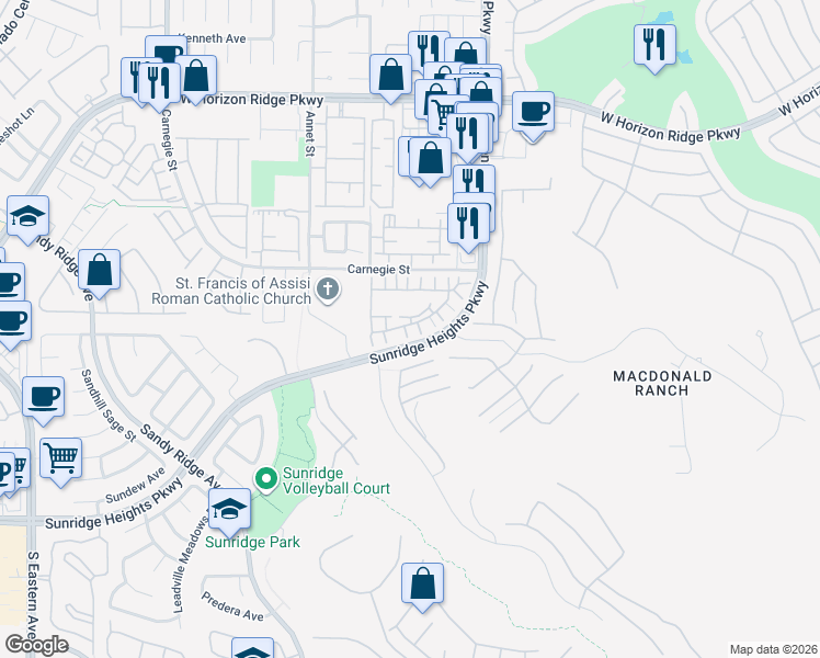 map of restaurants, bars, coffee shops, grocery stores, and more near 801 Langham Court in Henderson