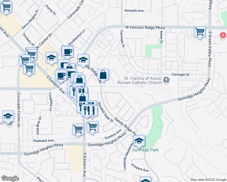 map of restaurants, bars, coffee shops, grocery stores, and more near 2556 Prince Edward Drive in Henderson