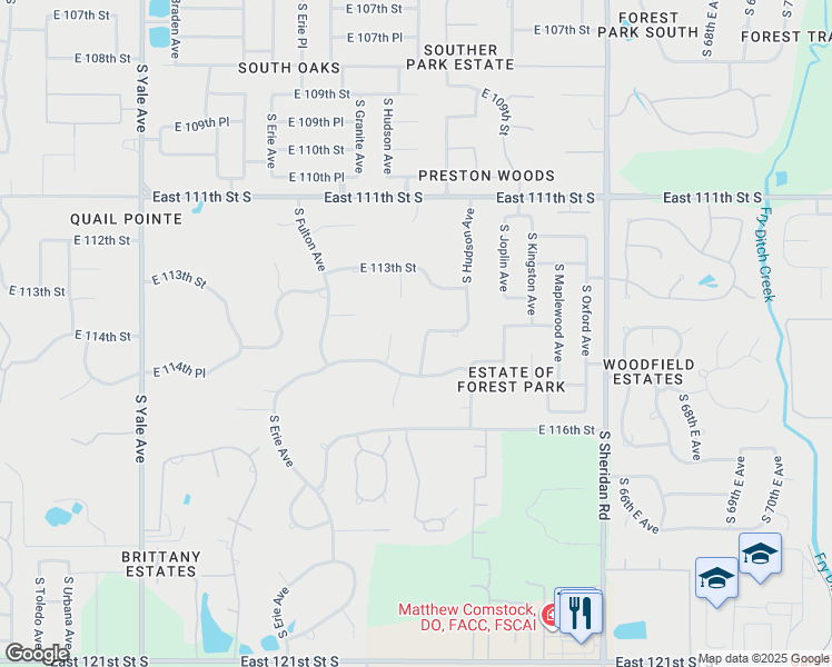map of restaurants, bars, coffee shops, grocery stores, and more near 11402 South Granite Place in Tulsa