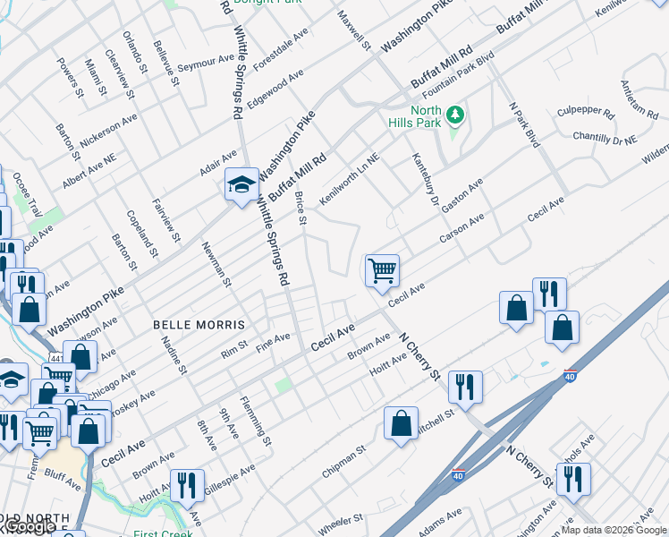 map of restaurants, bars, coffee shops, grocery stores, and more near 2304 Boxwood Lane Northeast in Knoxville