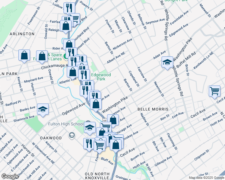 map of restaurants, bars, coffee shops, grocery stores, and more near 1611 Branson Avenue Northeast in Knoxville