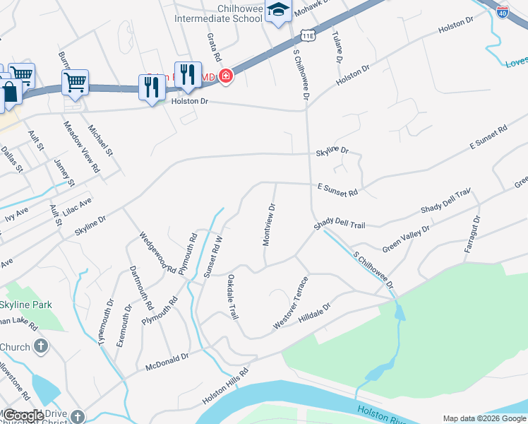 map of restaurants, bars, coffee shops, grocery stores, and more near 1115 Montview Drive in Knoxville