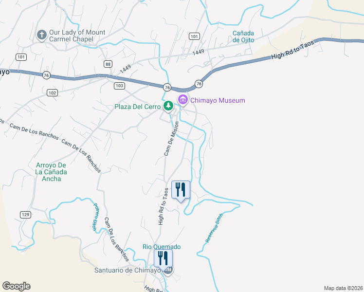 map of restaurants, bars, coffee shops, grocery stores, and more near 328 Juan Medina Road in Chimayo