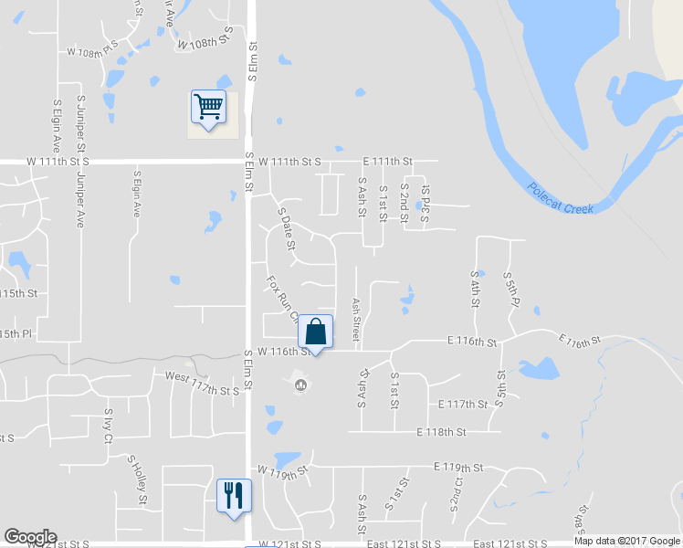 map of restaurants, bars, coffee shops, grocery stores, and more near 77 Fox Run Circle in Jenks