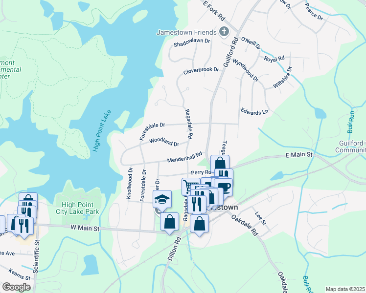 map of restaurants, bars, coffee shops, grocery stores, and more near 101 Woodland Drive in Jamestown
