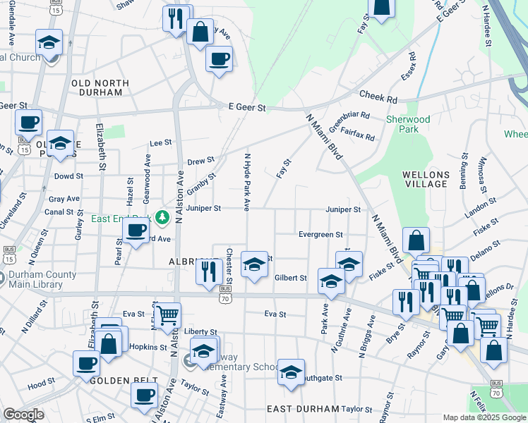 map of restaurants, bars, coffee shops, grocery stores, and more near 1116 Juniper Street in Durham