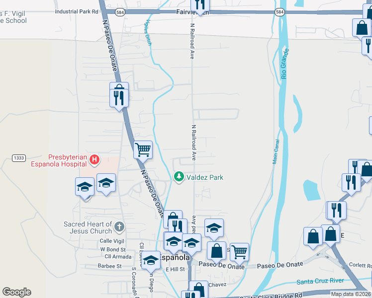 map of restaurants, bars, coffee shops, grocery stores, and more near 605 North Railroad Avenue in Española