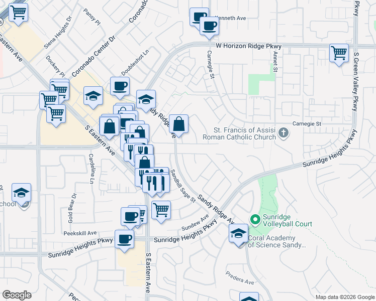 map of restaurants, bars, coffee shops, grocery stores, and more near 2570 Prince Edward Drive in Henderson
