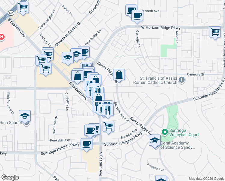 map of restaurants, bars, coffee shops, grocery stores, and more near 2574 Anchorgate Drive in Henderson