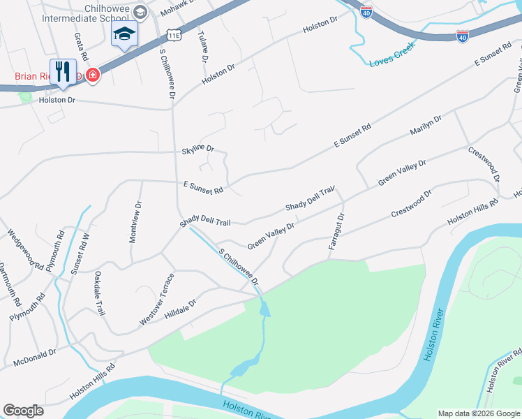 map of restaurants, bars, coffee shops, grocery stores, and more near 5205 Shady Dell Trail in Knoxville