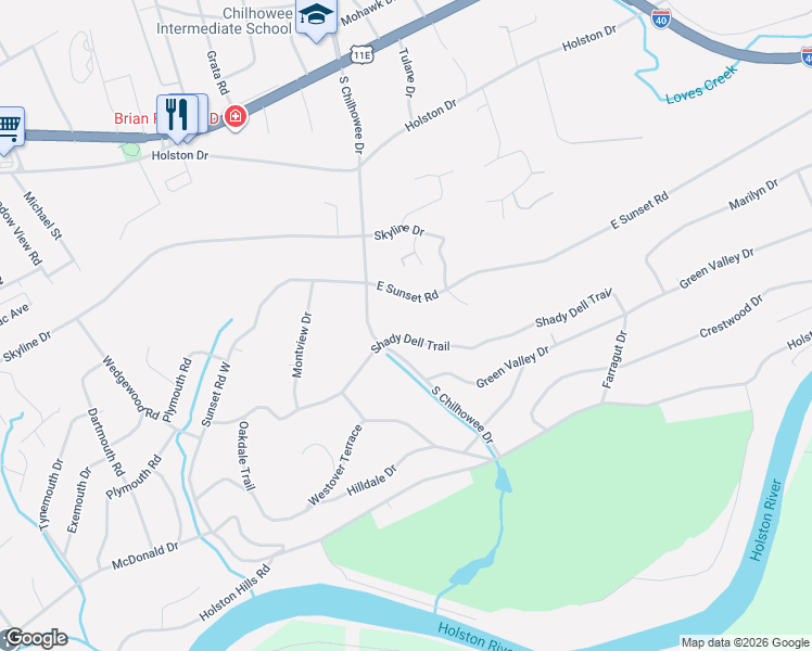 map of restaurants, bars, coffee shops, grocery stores, and more near 5111 Shady Dell Trail in Knoxville