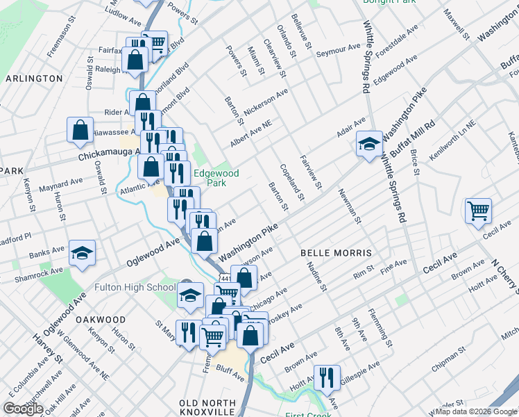 map of restaurants, bars, coffee shops, grocery stores, and more near 2620 Glenview Drive Northeast in Knoxville