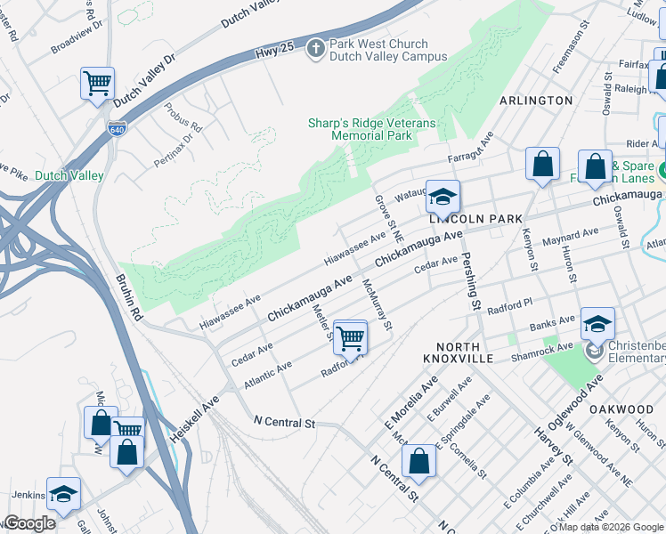 map of restaurants, bars, coffee shops, grocery stores, and more near 343 Chickamauga Avenue in Knoxville