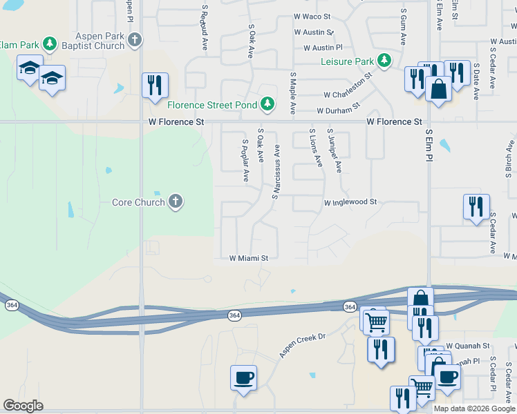 map of restaurants, bars, coffee shops, grocery stores, and more near 5201 South Oak Avenue in Broken Arrow