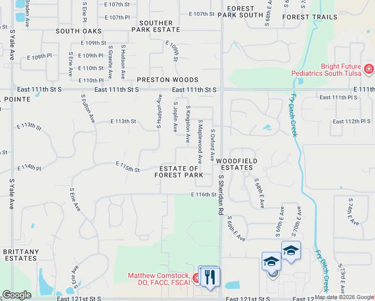 map of restaurants, bars, coffee shops, grocery stores, and more near 6004 East 114th Street in Tulsa
