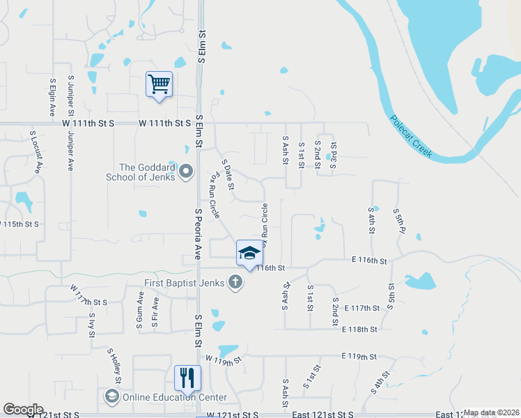 map of restaurants, bars, coffee shops, grocery stores, and more near 77 Fox Run Circle in Jenks