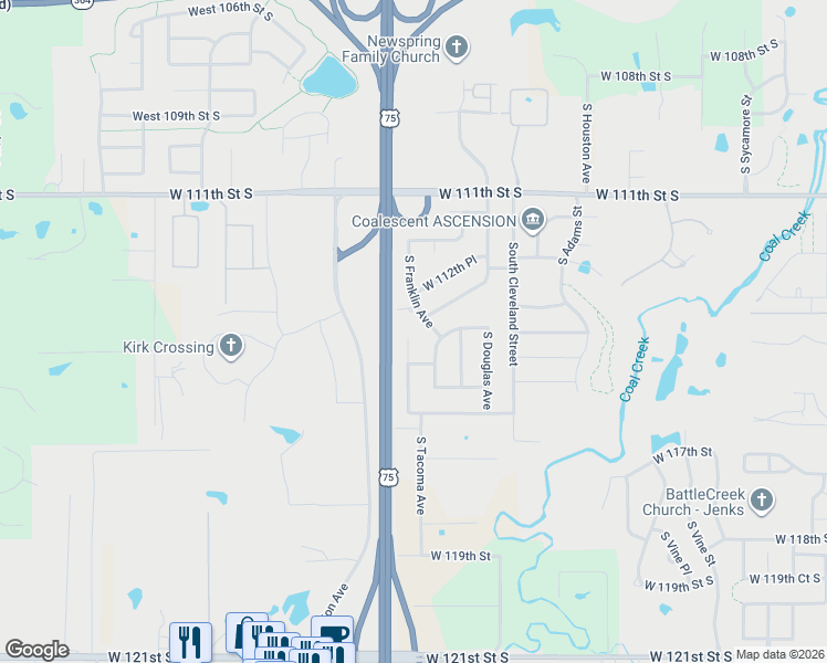 map of restaurants, bars, coffee shops, grocery stores, and more near 11413 South Franklin Avenue in Jenks