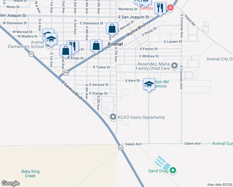 map of restaurants, bars, coffee shops, grocery stores, and more near 1224 East Orange Street in Avenal