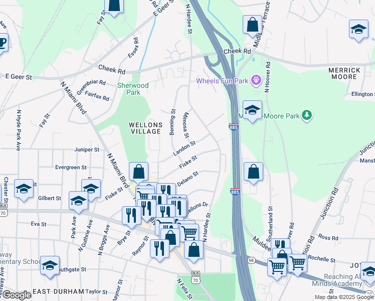 map of restaurants, bars, coffee shops, grocery stores, and more near 1208 Landon Street in Durham