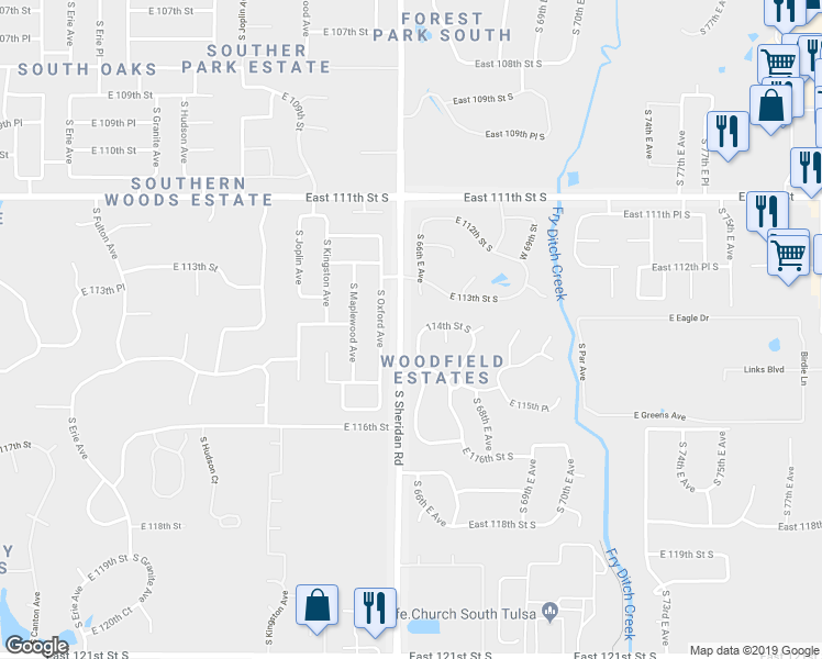 map of restaurants, bars, coffee shops, grocery stores, and more near 11404 South 66th East Avenue in Bixby